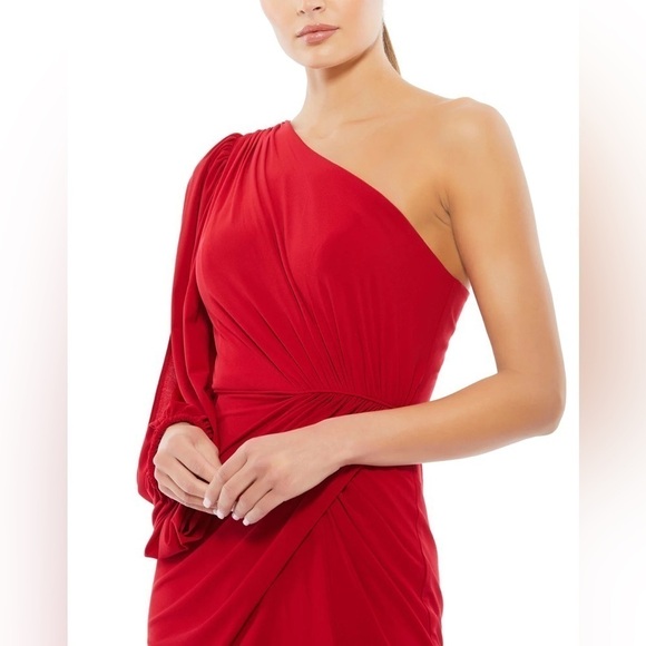 MAC DUGGAL One Shoulder Puff Sleeve Faux Wrap Gown - Picture 4 of 6
